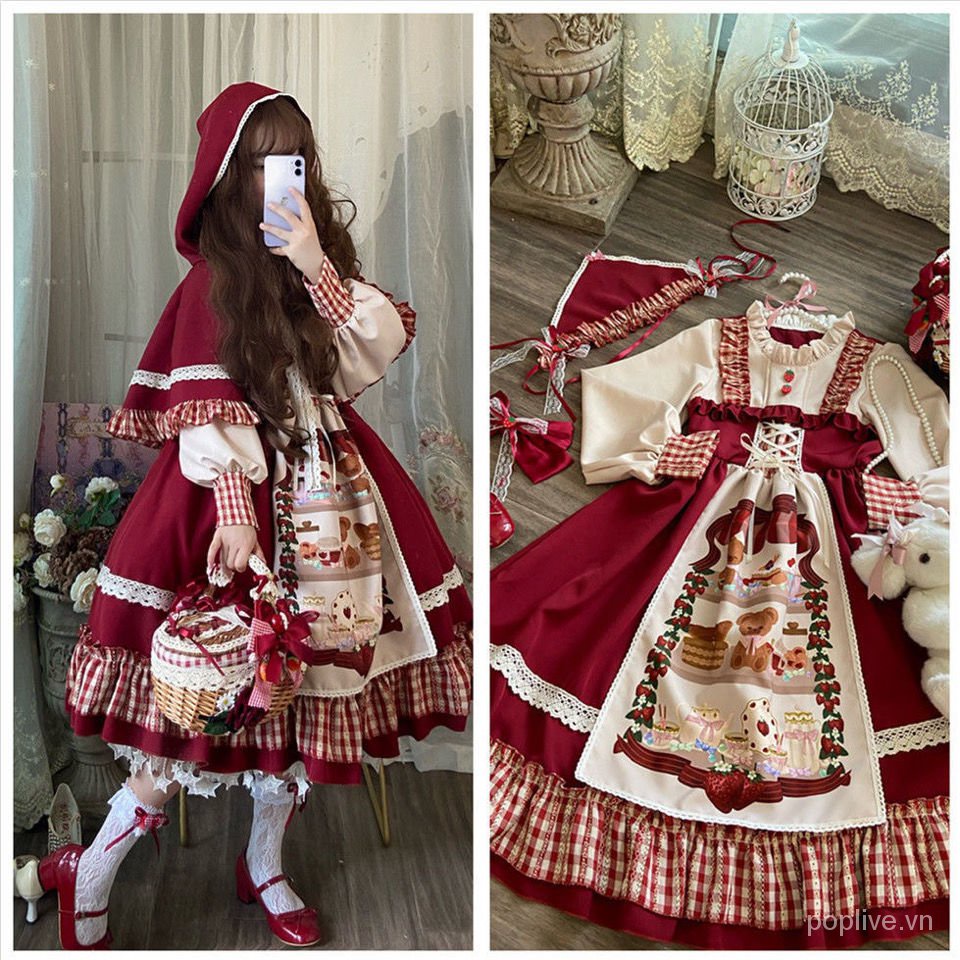 Cô Gái Tại ChỗlolitaCô Bé Quàng Khăn Đỏ Dài Tay【Nhật Bản Lolita Retro Váy Áo Choàng】Đầm Berryop | BigBuy360 - bigbuy360.vn