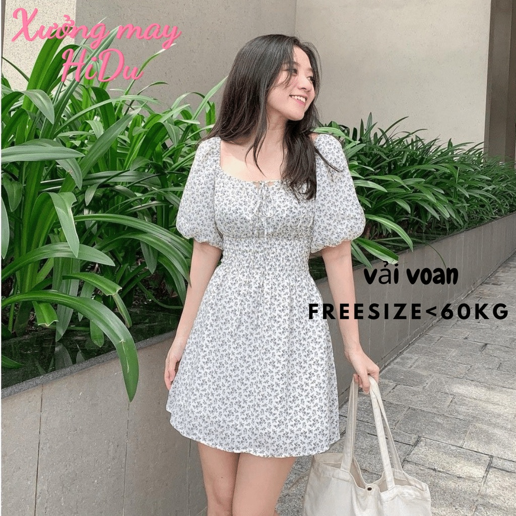 Đầm hoa nhí tay ngắn  hoa dễ thương cổ cột nơ, đầm vải voan như hình