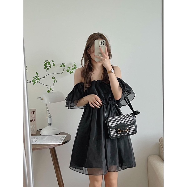 Váy trắng tiểu thư trễ vai xoè chun eo thắt dây lưng 4 màu - Đầm trễ vai bèo tầng bồng bềnh 4 màu xinh xỉu