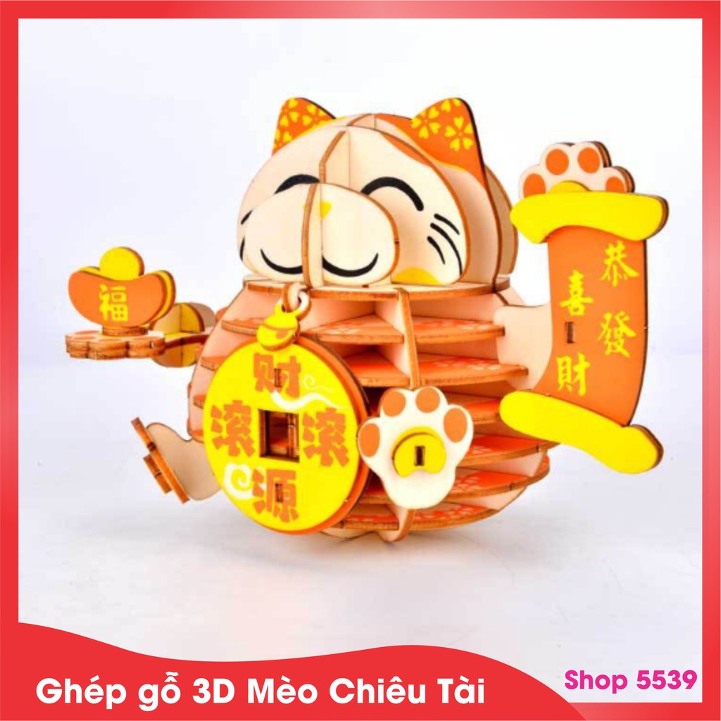 Đồ chơi ghép gỗ 3D phát triển kỹ năng cho bé mô hình Mèo chiêu tài lộc