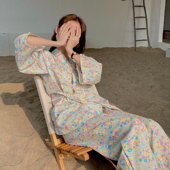 Bộ đồ ngủ kimono tay dài phong cách Nhật Bản đơn giản dành cho nữ
