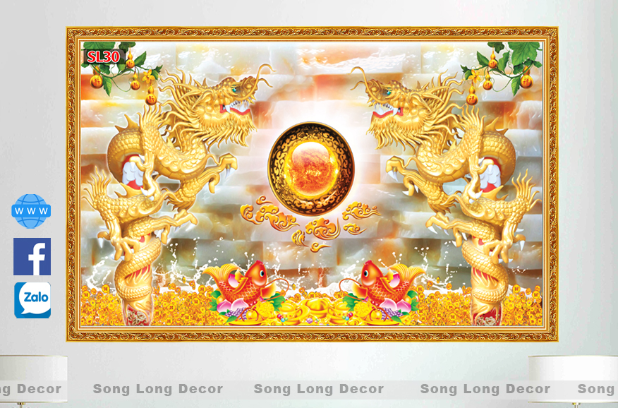 Tranh Dán Tường Cá Chép Hóa Rồng- SL30-Tranh 3d Phong Thủy - Song Long Decor