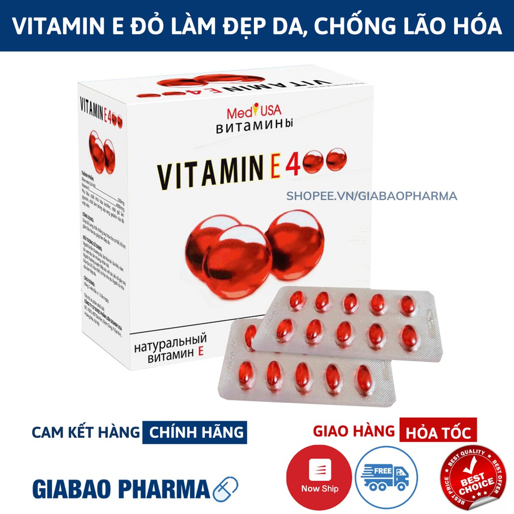 Viên Uống đẹp da Vitamin E Đỏ 4000mcg, Aloe vera 500mg chống lão hóa - Hộp 100 viên chống lão hóa da