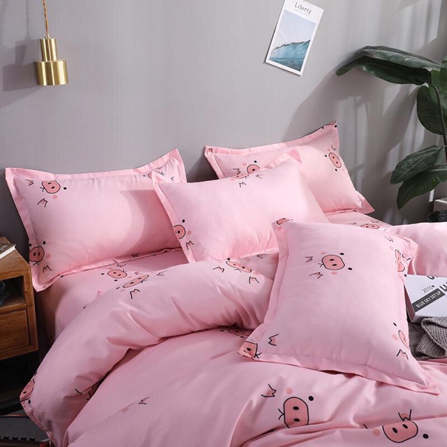 Bộ Drap &amp; Chăn Phao Cotton Poly Mũi Lợn Hồng