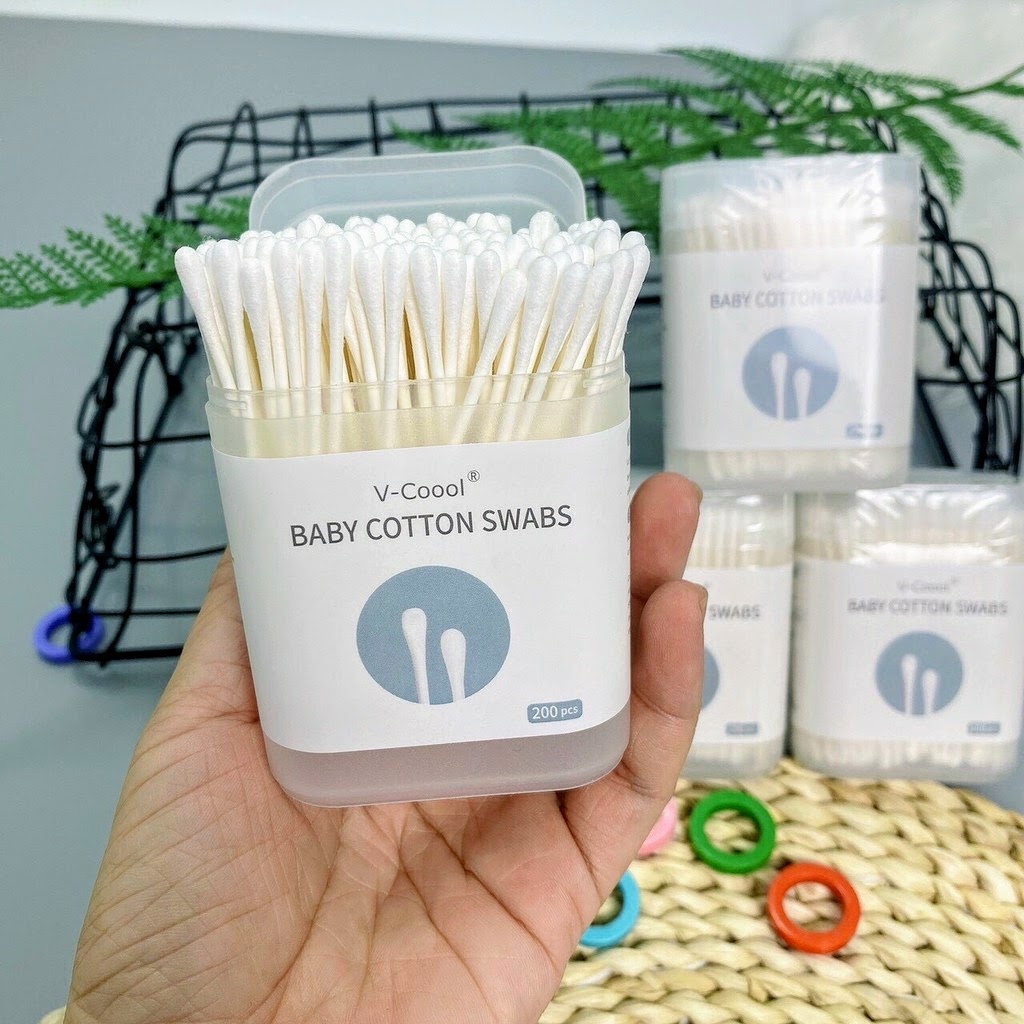 Tăm bông V-cool kháng khuẩn hộp 200 que vệ sinh cho bé sơ sinh và trẻ em