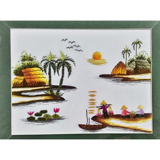 Tranh thêu tay phong cảnh làng quê Việt Nam 20x 25cm LQ001-Tranh hoàn thiện