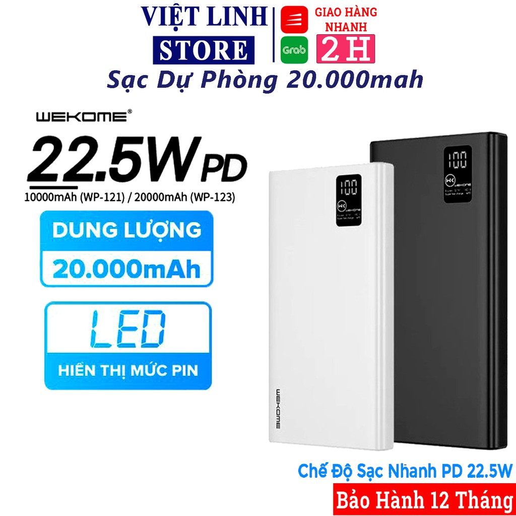 Sạc Dự Phòng 10000mah, 20000mah WK 121/123, sạc nhanh PD 5A 22.5W - Việt Linh Strore