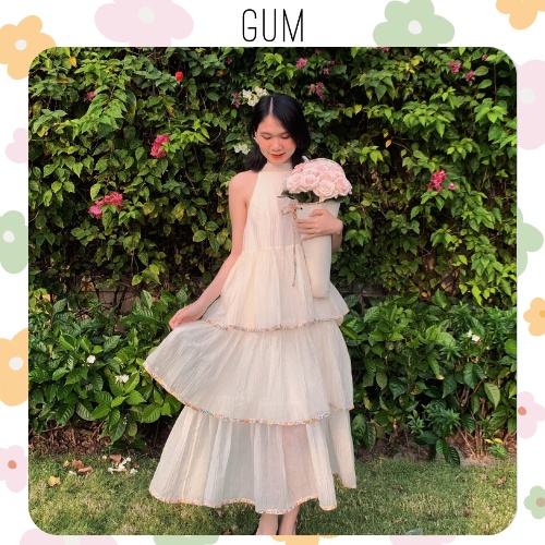Váy đầm maxi voan trắng dáng dài xòe, bồng bềnh 3 tầng phối bèo sát nách cổ yếm siêu xinh Lorder By Gum Tailor