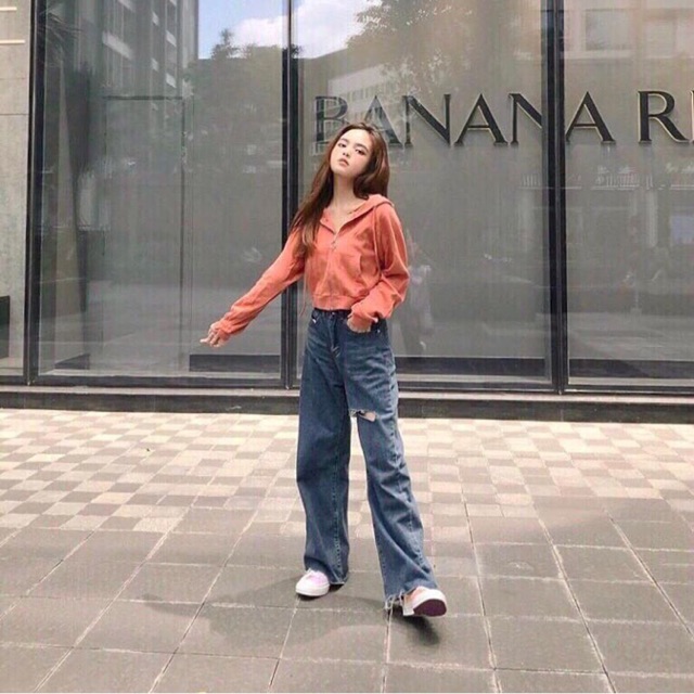 Quần jean dài ống suông rách culottes