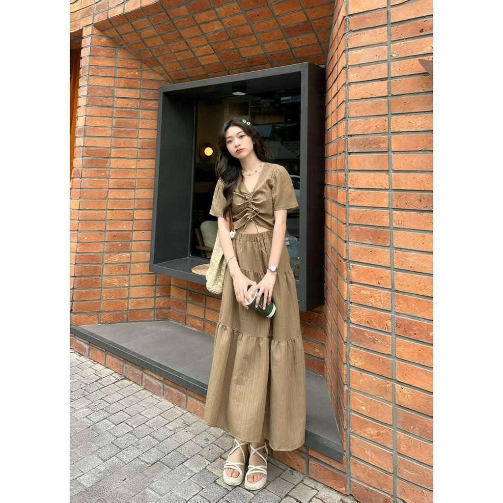 Set áo rút dây bụng kèm chân váy tầng chất đũi gân dáng xòe dài - 29feb.closet - S90