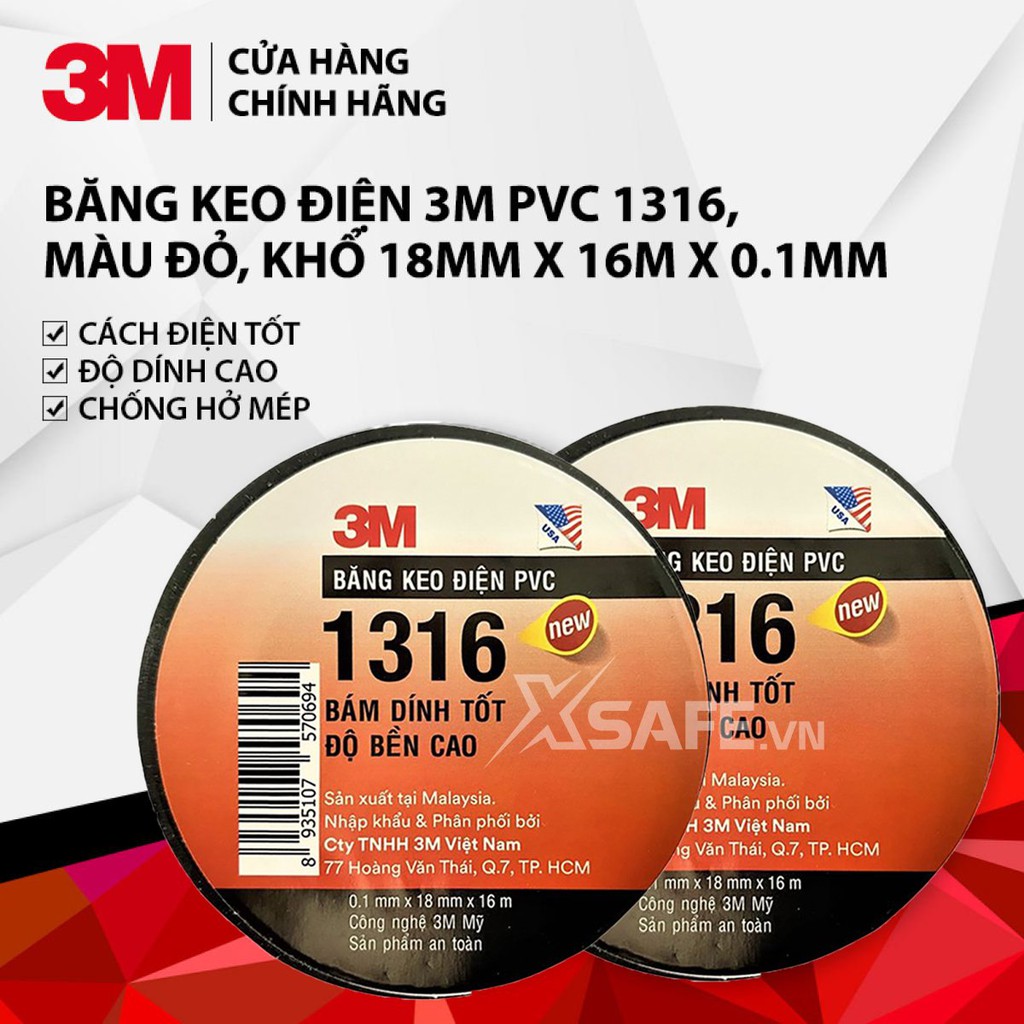 Băng keo điện PVC 3M 1316 cách điện 600V cực bền siêu dính khổ 18mm x 16m