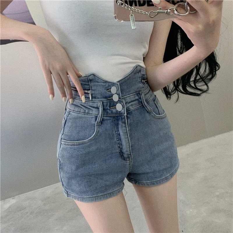 Quần Short Jeans Lưng Cao Ống Rộng Cá Tính Cho Nữ