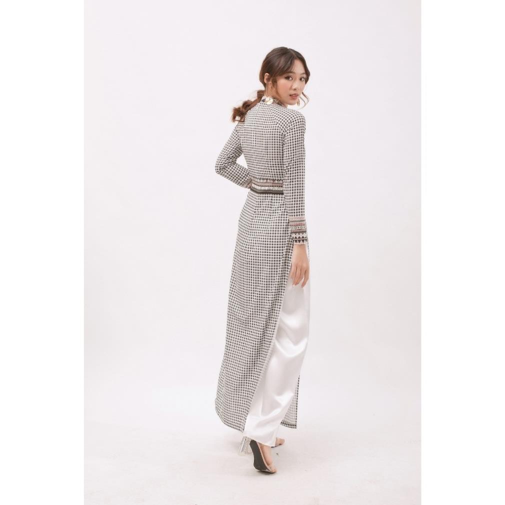 Áo dài truyền thống nữ cổ cao vải lụa hoạ tiết karo phối thổ cẩm màu xám có nhiều size