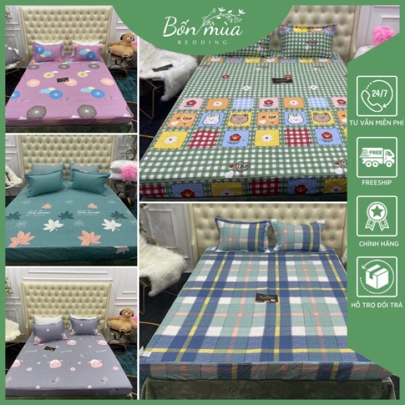 Ga trần bông, ga trải giường cotton bo chun BAMBILOO chất liệu cotton 100% đủ kt, kèm 2 vỏ gối 45x65cm