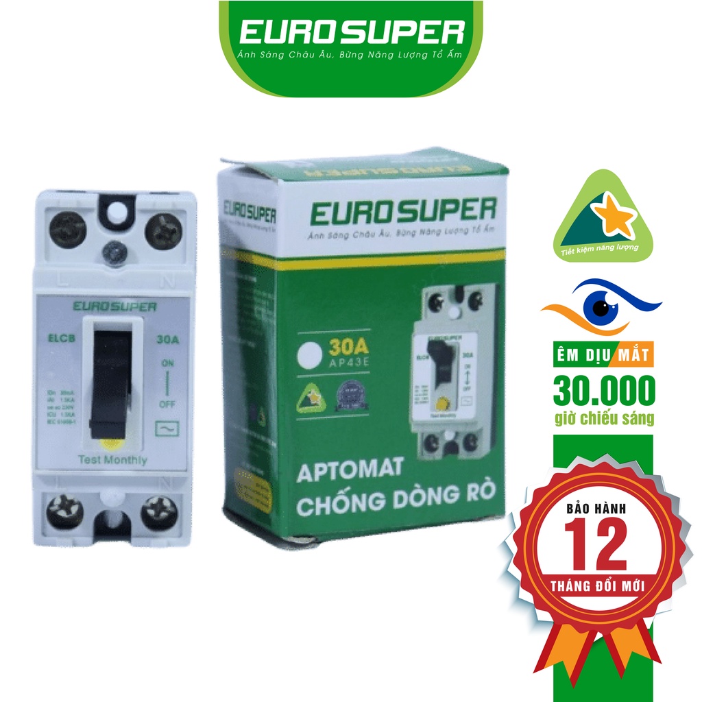 Cầu Dao Aptomat Chống Dòng Rò EUROSUPER Kiểm Soát, Bảo Vệ Dòng Diện Và Ngắn Mạch NT50 RCCB-30A