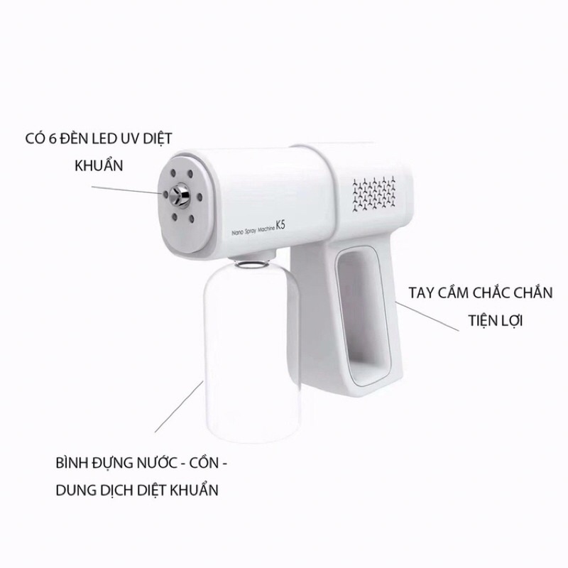 Máy Xịt Khử Khuẩn Cầm Tay, Súng Phun Khử Khuẩn K5 PRO Cao Cấp, Phun Sương Hạt Mịn