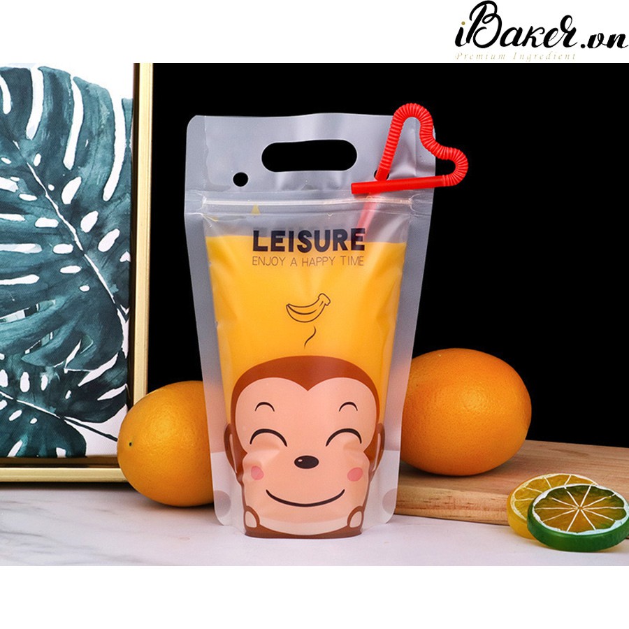 Túi đựng trà sữa kèm ống hút - Hình chú khỉ (xấp 10 cái)