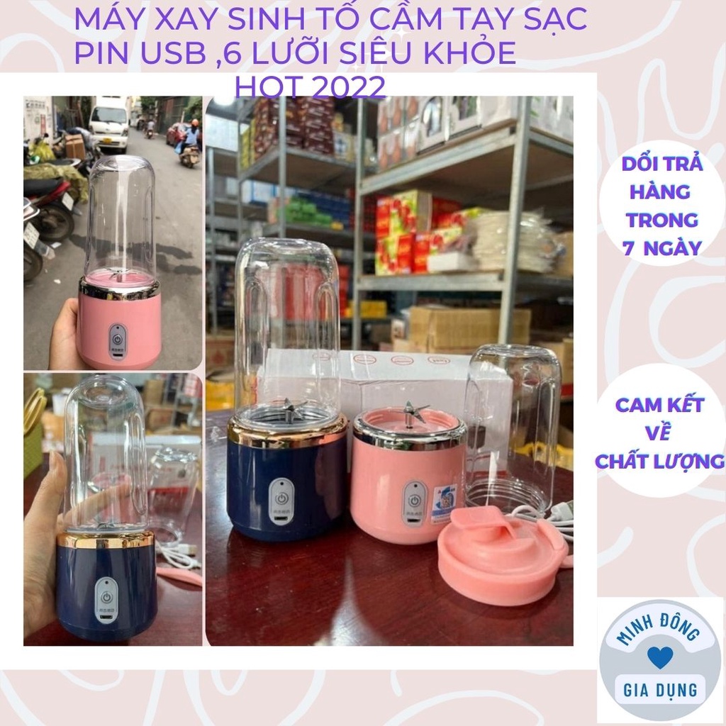 Máy xay sinh tố  6 lưỡi mini cầm tay  đa năng có sạc usb siêu khỏe tặng kèm nắp đậy
