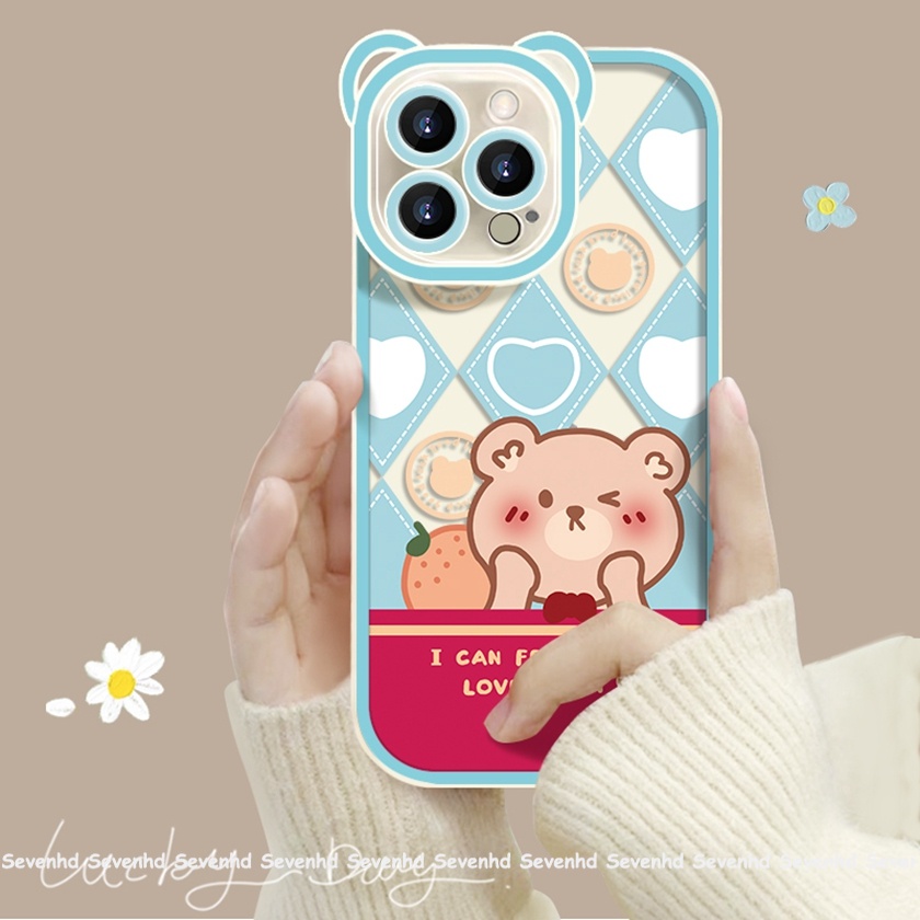 Ốp Điện Thoại Mềm Sọc Ca Rô Đính Tai Thỏ / Gấu Hoạt Hình Cho iPhone 14 13 12 11 Pro Max Xs Max Xr X 6 6s Plus