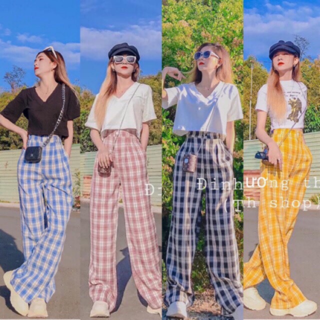 Quần kẻ Caro ống rộng khoá thật