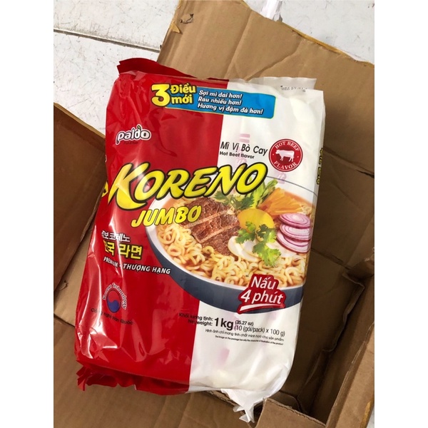 Mì koreno jumbo vị bò cay, vị kim chi - 10gói/lốc