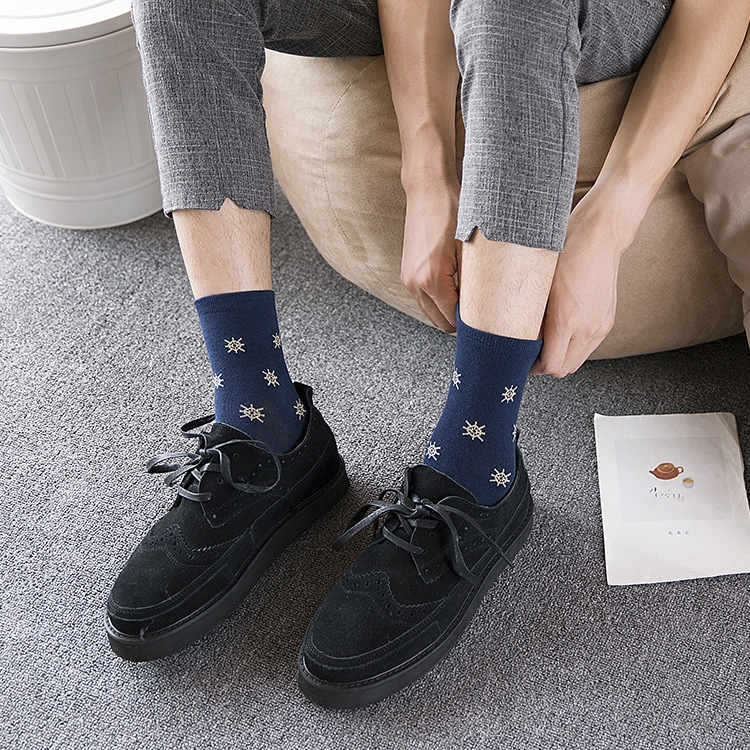 5 Đôi vớ cotton nam cổ cao màu xanh navy màu trơn kẻ sọc thời trang mùa xuân