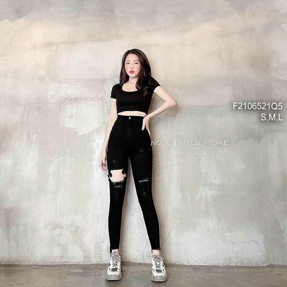 Quần jean dài cắt rách đùi lưng cao! HÀNG VNXK