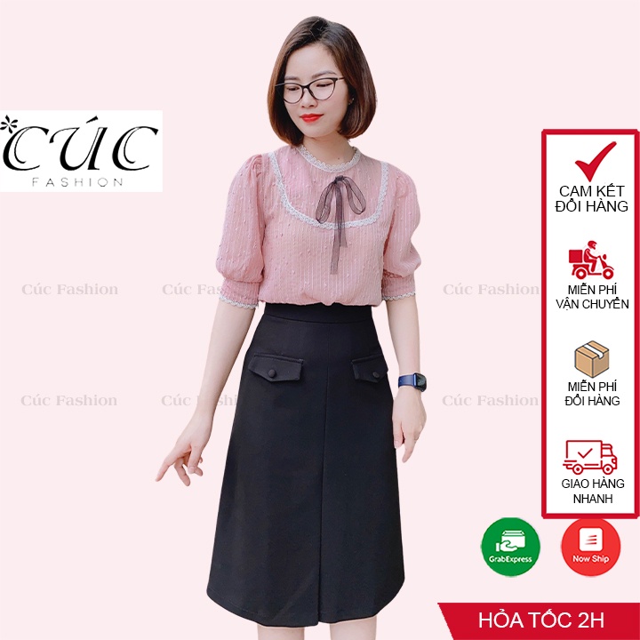 Áo sơ mi nữ CÚC FASHION somi tay ngắn cao cấp vải lụa đẹp thời trang công sở họa tiết đen trắng đi học tay rơi vằn A1071