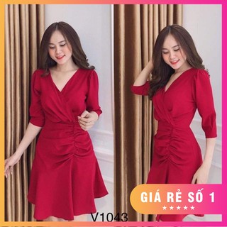 Đầm đỏ nhún cổ v đủ size s,m,l,xl,xxl - v1043