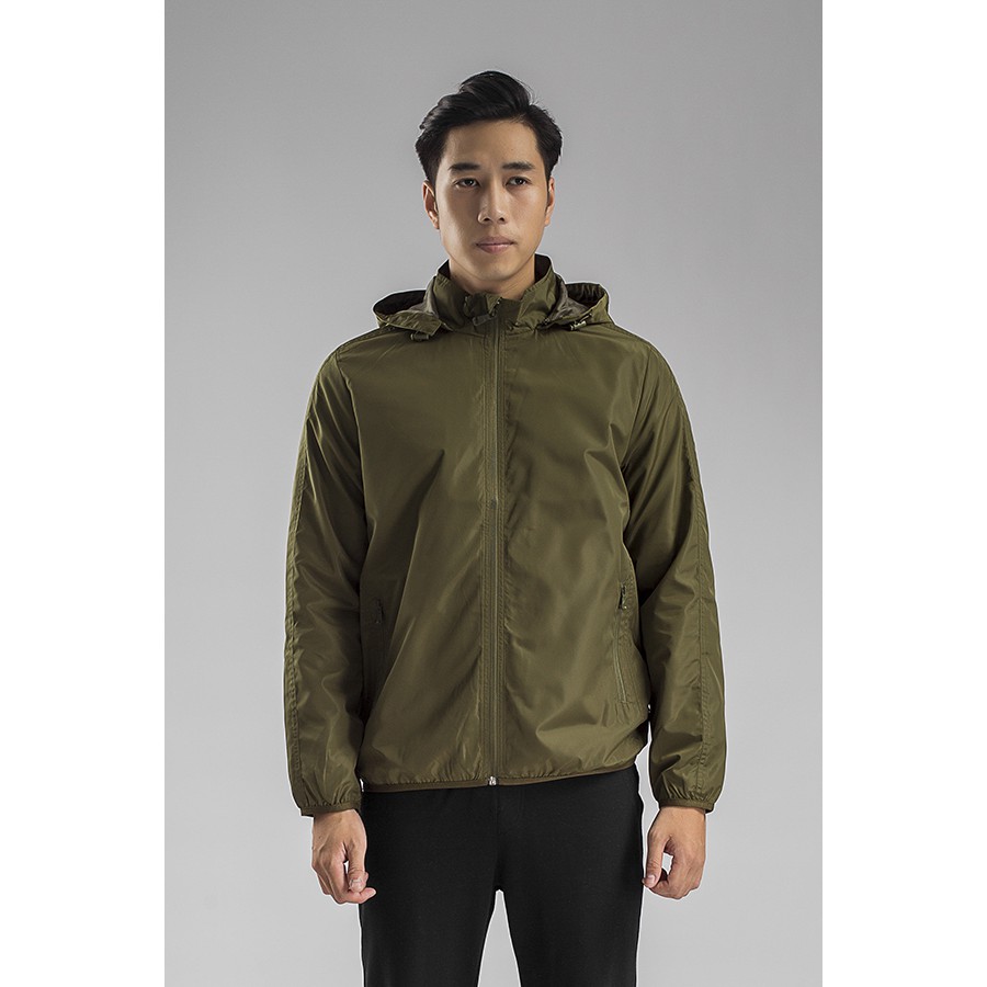 Áo khoác gió 2 lớp kwin màu xanh rêu regular fit có mũ KJK001W8