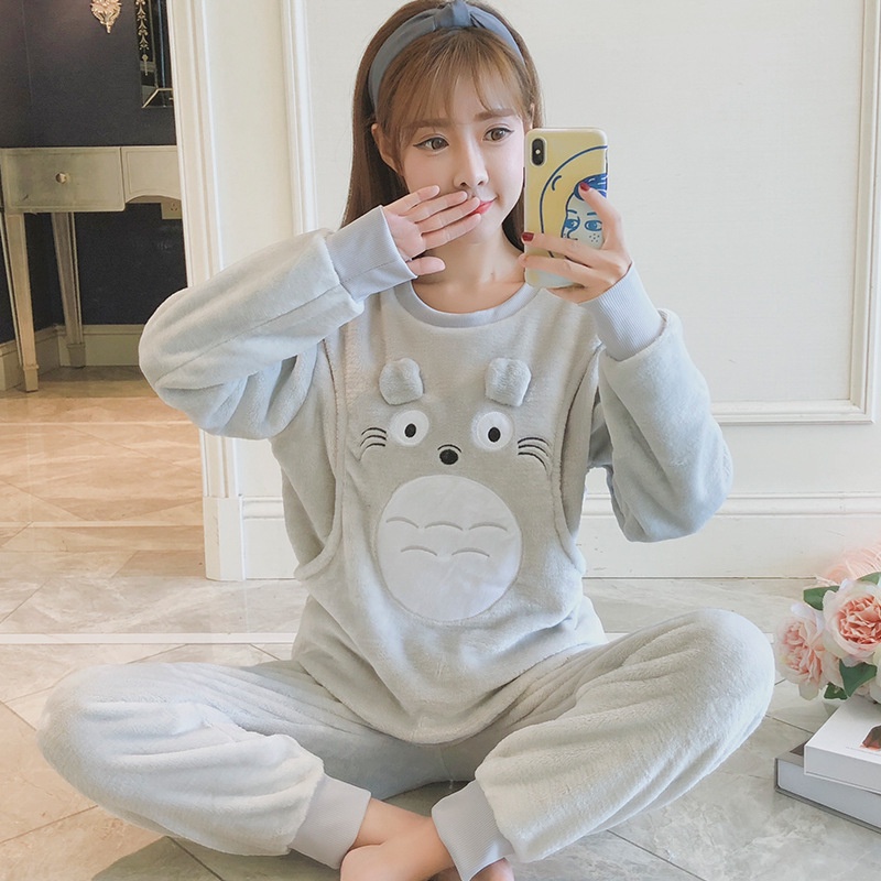Quần Áo Bộ Đồ Bầu Nữ Mặc Ở Nhà Sau Sinh Cho Con Bú Ti Vải Nhung Bông 4 Chiều Dài Tay Pijama Xuân Hè Thu Đông BOBAU07