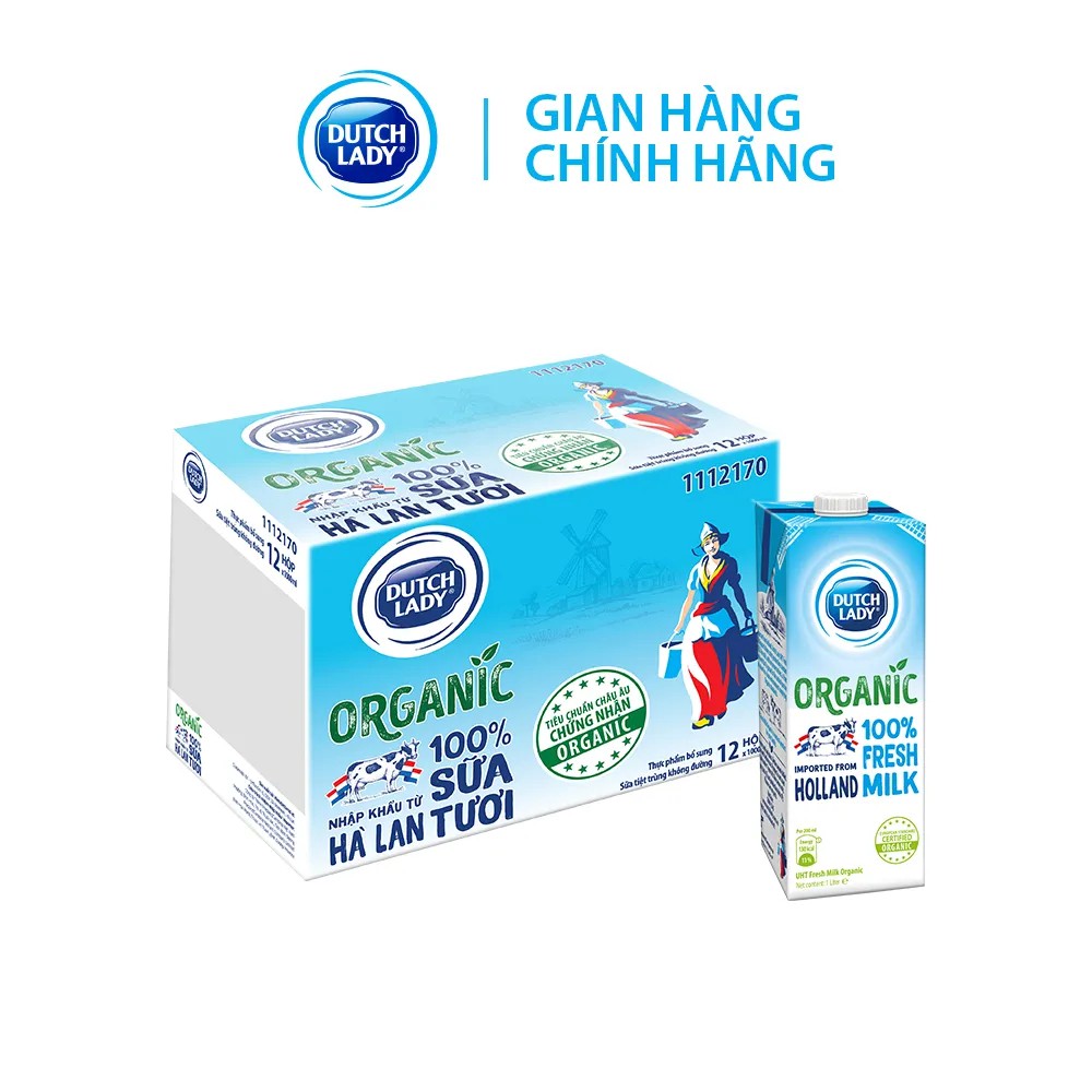 Thùng 12 Hộp Sữa Tươi Tiệt Trùng Dutch Lady Cô Gái Hà Lan Organic 1000ml/hộp