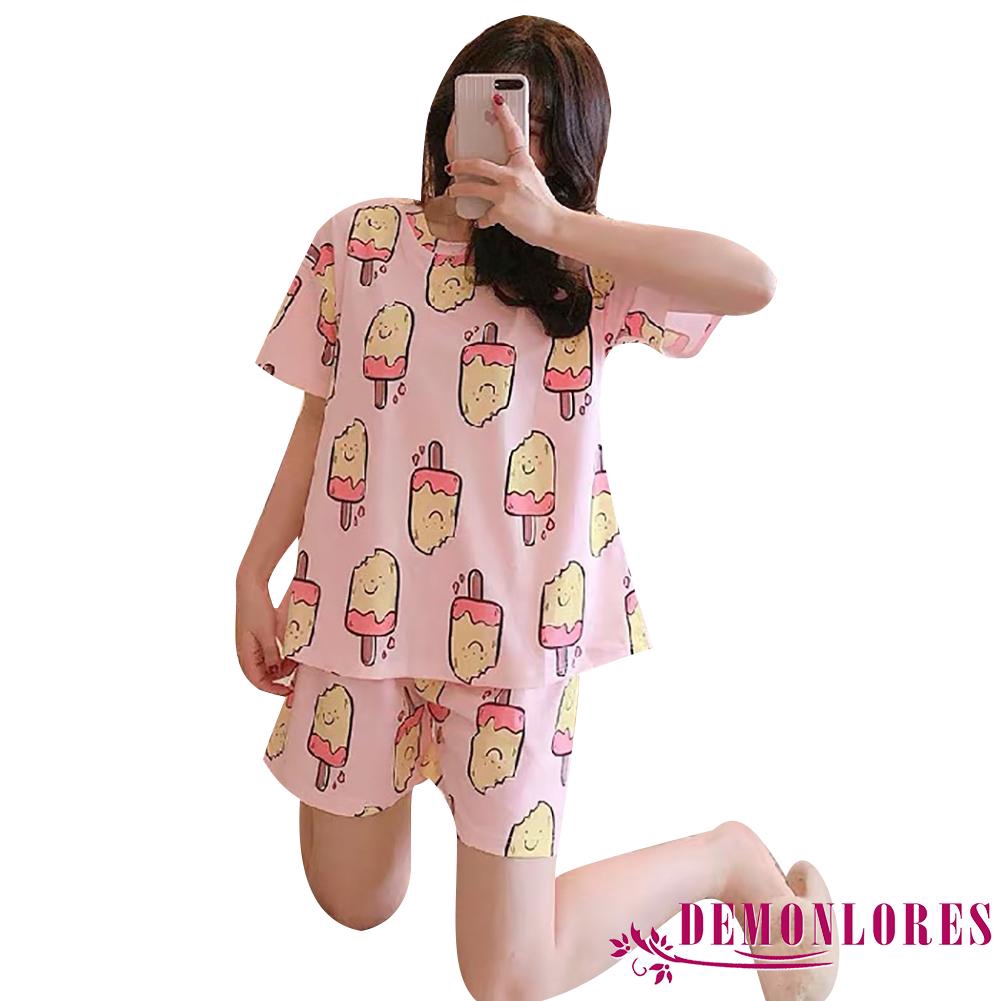 Set đồ ngủ 2 món áo tay ngắn và quần short dáng rộng họa tiết in hình cây kem hoạt hình dễ thương