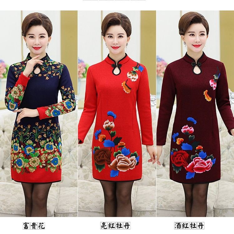 Của mẹ mùa thu đông cộng với nhung váy sườn xám trung dài 40 tuổi 60 niên nữ tự tu luyện khí chất ấm áp đáy áo