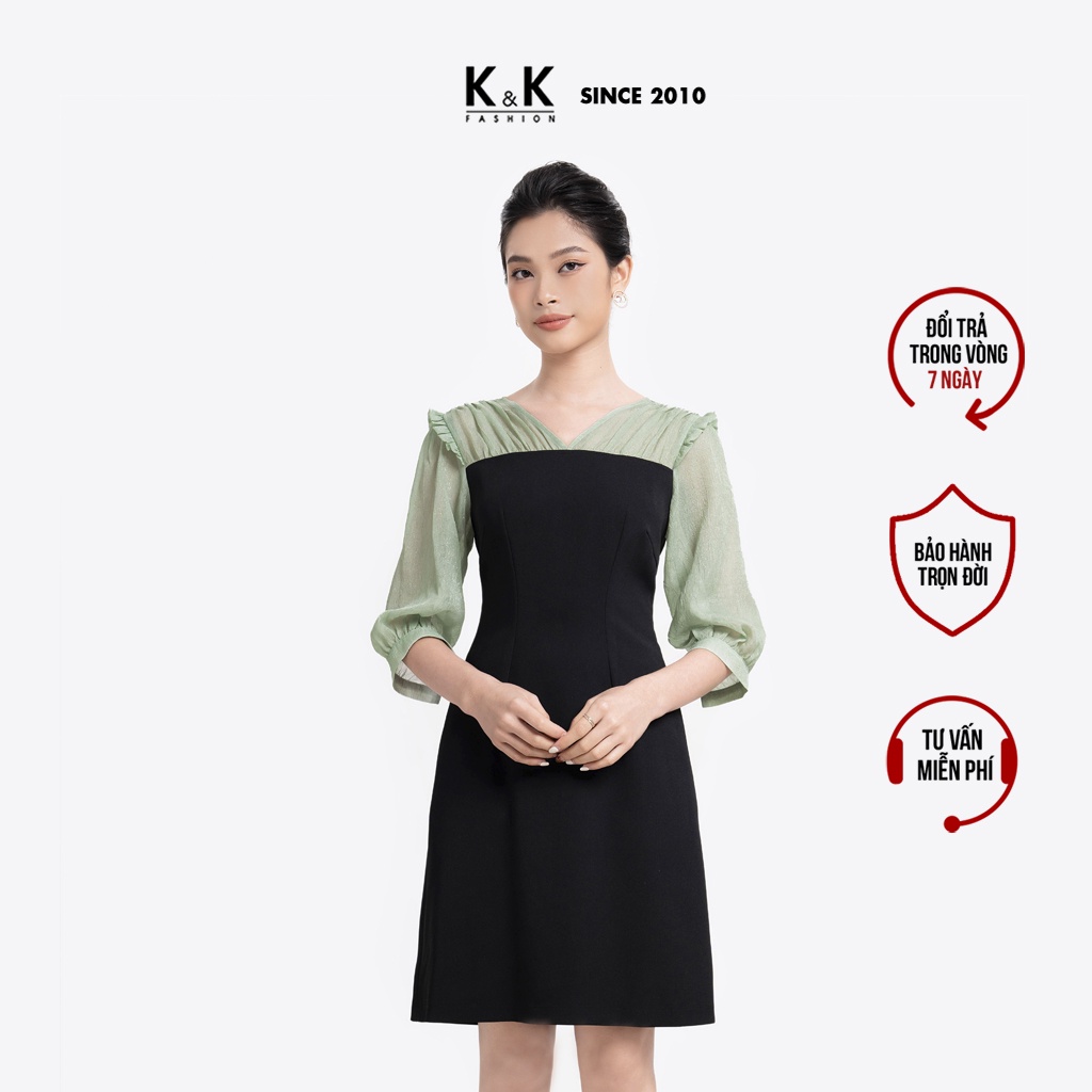Đầm Đen Công Sở Phối Màu Tay Dài Cổ Tim K&K Fashion KK113-29 Chất Liệu Thun Tuyết Phối Voan