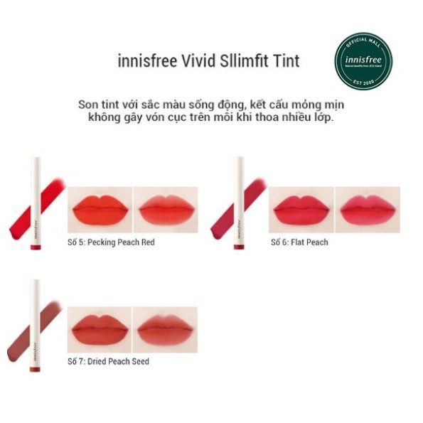 Son môi lâu trôi [innisfree] Vivid Slimfit Tint Màu số #6 Flat Peach – đỏ lạnh (0.6g)