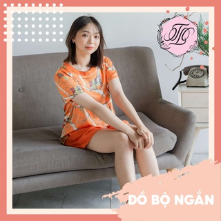 Đồ ngủ lụa latin Pyjama đùi tay ngắn cam hoạ tiết 3D