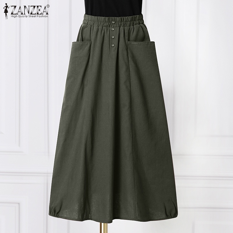 Chân váy dáng rộng Zanzea lưng thun phối nút phong cách retro thời trang cho nữ
