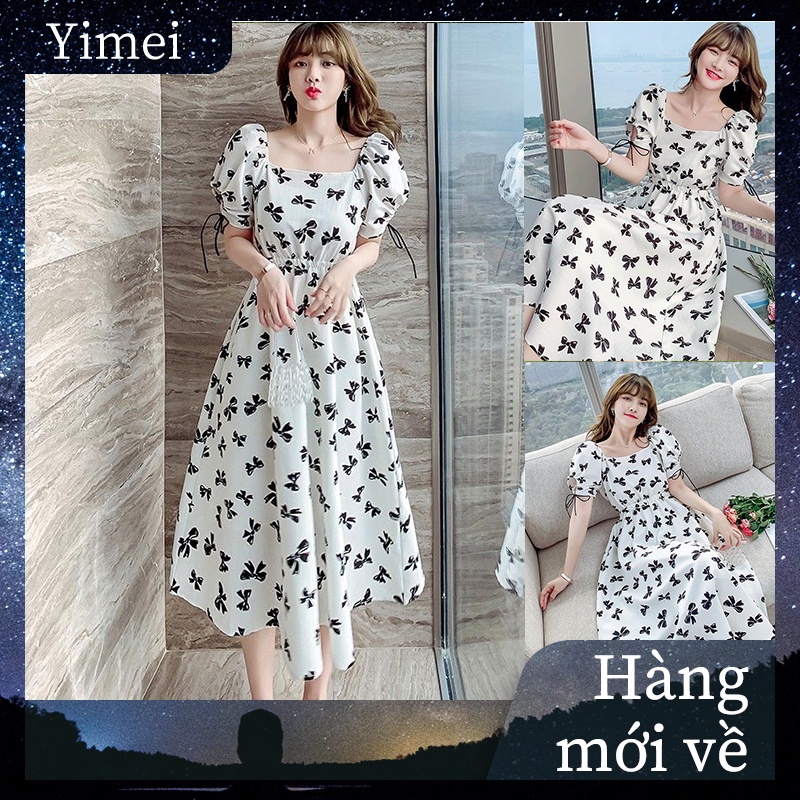 Classic French Low Waist Dress Korean Style Butterfly Square Print Square Neck Fashion White Skirt
