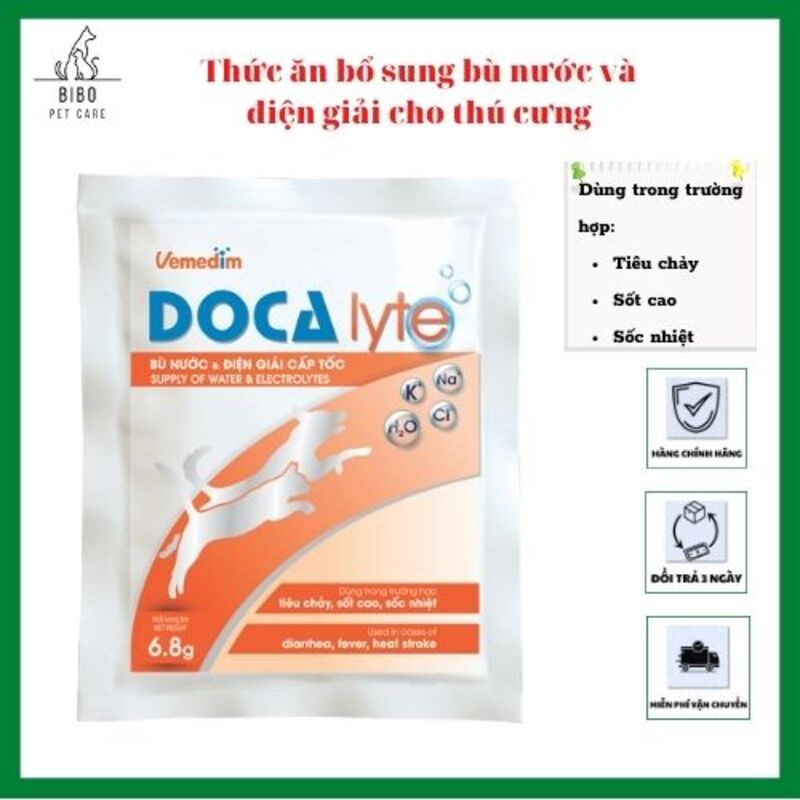 Nước uống Doca lyte bù nước và điện giải cấp tốc cho chó mèo dùng trong tiêu chảy sốt cao sốc nhiệt gói 6.8g
