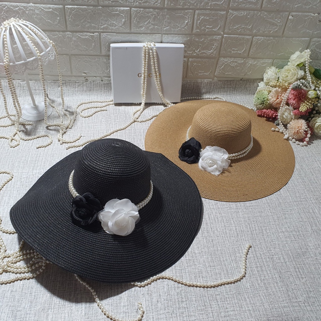 Mũ Cói thời trang đi biển Vành Rộng sang chảnh gắn hoa xinh