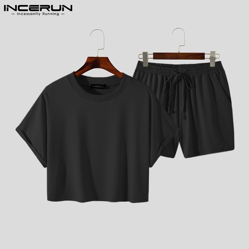 Bộ áo crop top và quần short INCERUN màu trơn 2 món thời trang mùa hè dành cho nam