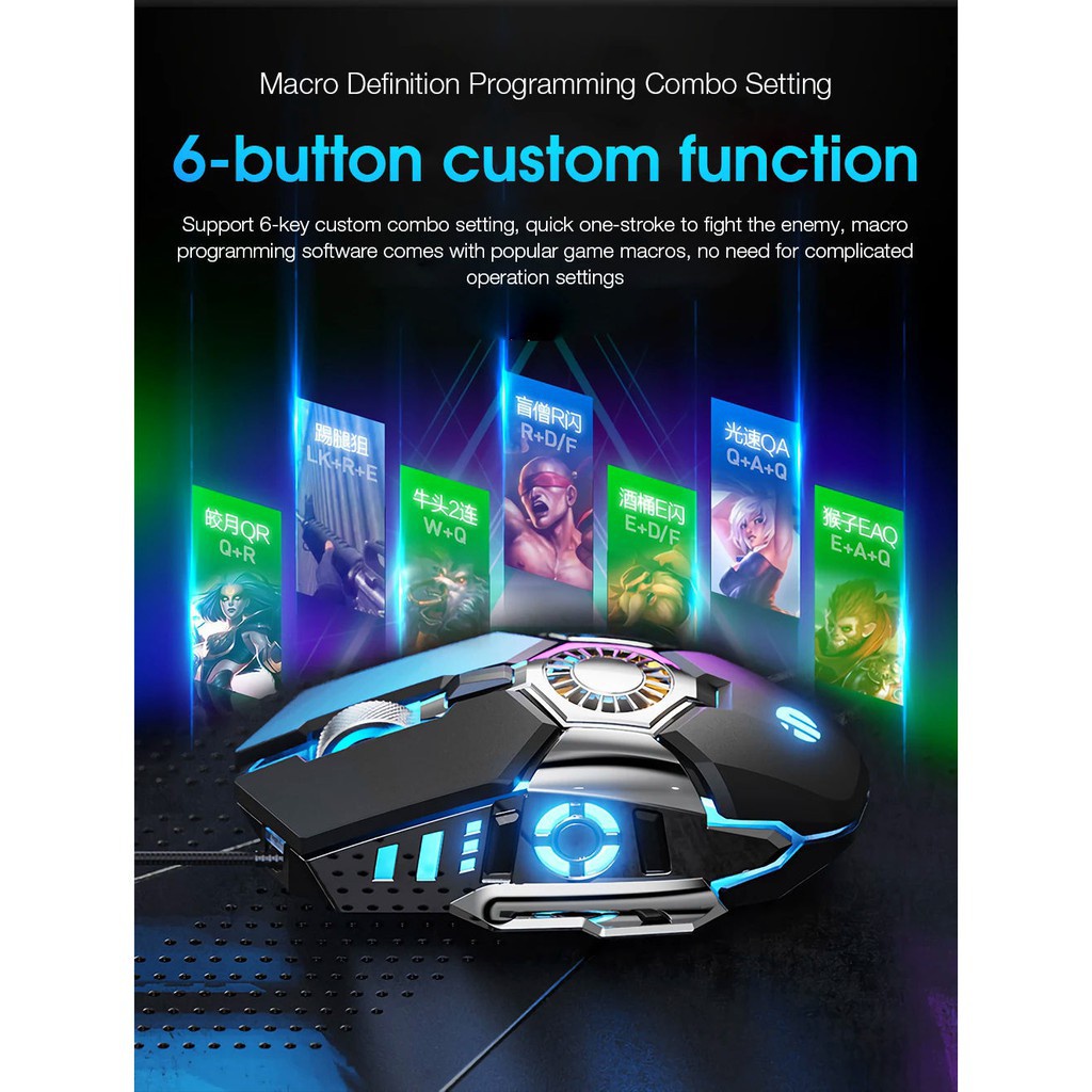 Chuột chơi game quang học quạt tản nhiệt có dây Inphic X7 Lập trình 7200DPI 6 nút Đèn nền RGB công thái học - Chính Hãng