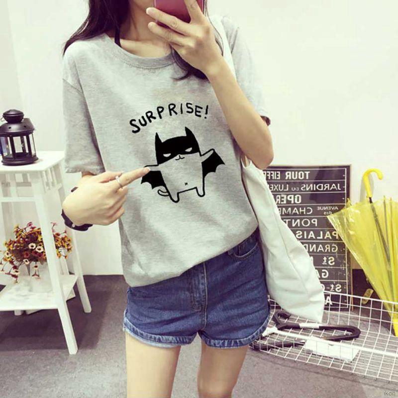 Áo thun ngắn tay cổ tròn trơn màu in họa tiết kiểu hoạt hình dành cho nữ