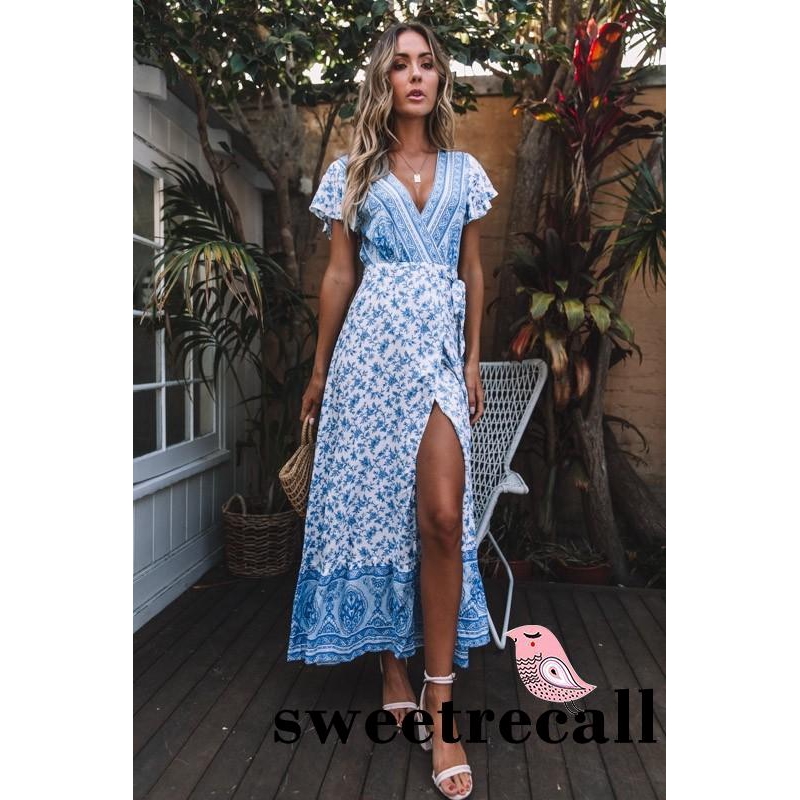 Đầm xẻ tà ngắn tay phối hoa văn Vintage cho nữ | BigBuy360 - bigbuy360.vn