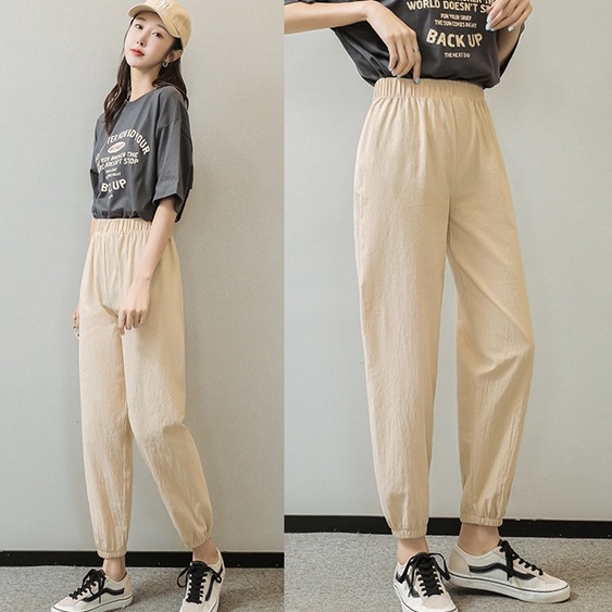 Quần thể thao nữ cạp chun dáng bom bo gấu chất vải đũi mát nhẹ dài Quần jogger nữ dây rút cá tính mặc mùa hè đi học làm
