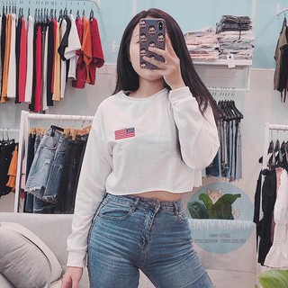 [ẢNH THẬT]ÁO CROPTOP NỮ CỔ TRÒN TAY DÀI IN CỜ MỸ TAY BỒNG DÁNG THỤNG THỜI TRANG THU ĐÔNG CHÁT ĐẸP