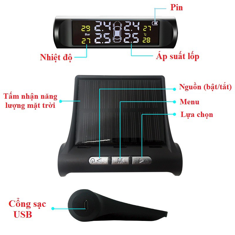 Cảm biến áp suất lốp ô tô xe hơi gắn ngoài cao cấp,Cảm Biến Áp Suất Lốp TPMS, van ngoài Pin mặt trời