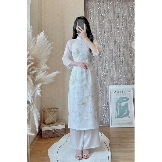 Áo Dài Cách Tân Nữ Thiết Kế Voon Màu Trăng Siêu Hot Áo Dài Việt Chuẩn Phom Cam kết Chất Lượng