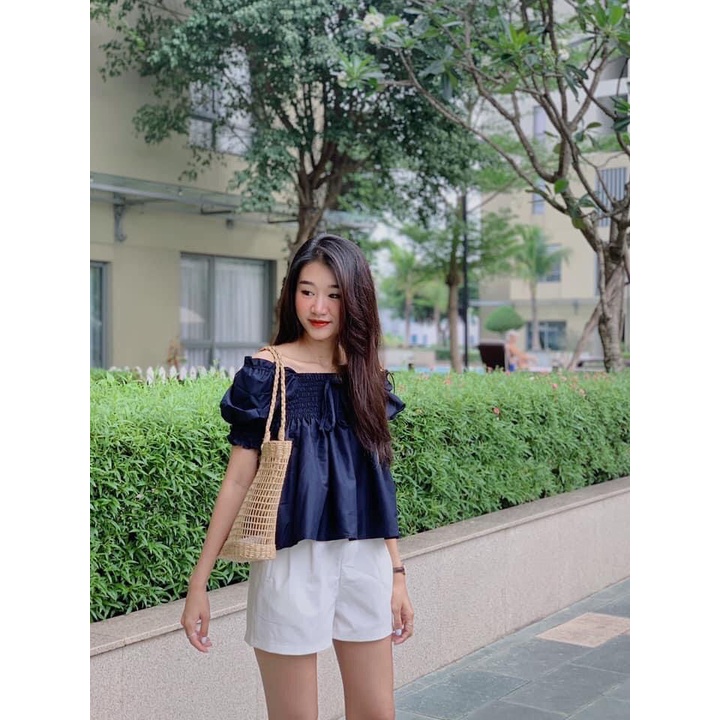 TUBYCATU | Áo off shouder xanh đen chạy thun